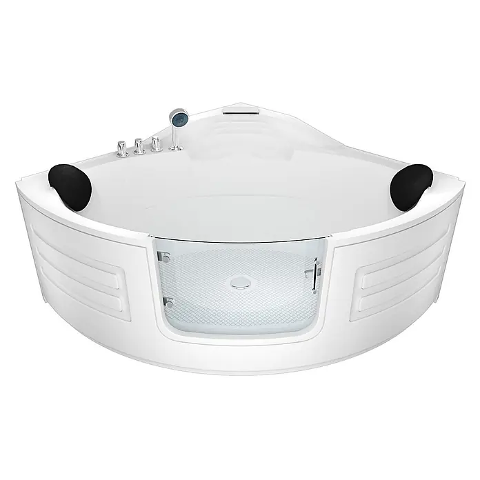 AcquaVapore Badewanne Fertigdusche S70-TH - 150 x 150 cm, Acryl, Weiß - Weiße Eck-Whirlpool-Badewanne mit schwarzen Kopfstützen, Chromarmaturen und Glasduschwand.