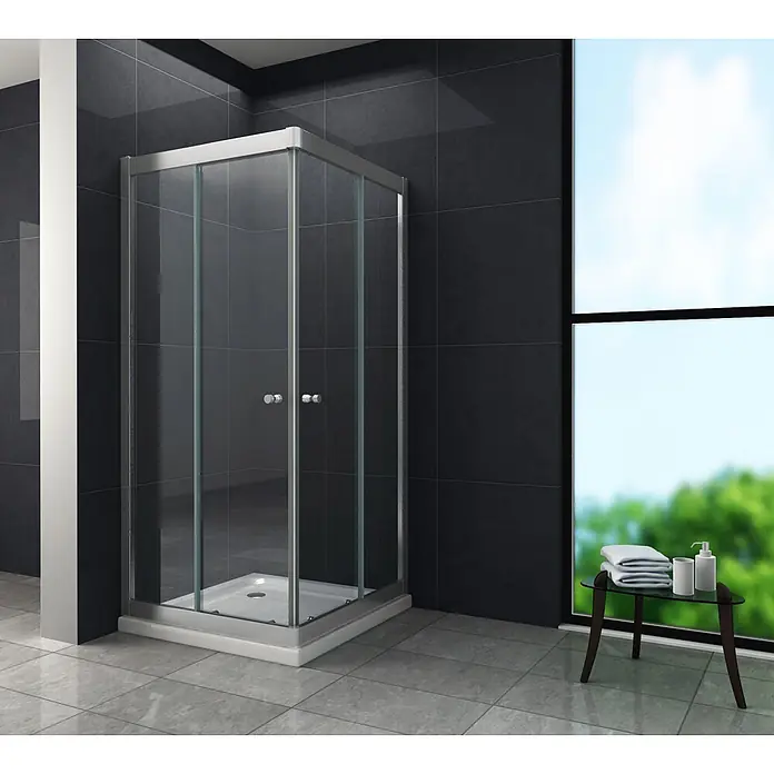 Glasdeals Eckdusche SLIDE 90 x 90 x 195 cm - 90 x 90 x 195 cm, Beschichtet, Chrom, Stärke: 8 mm - Glasduschkabine mit silbernem Rahmen und weißer Duschwanne in einem modernen Badezimmer.