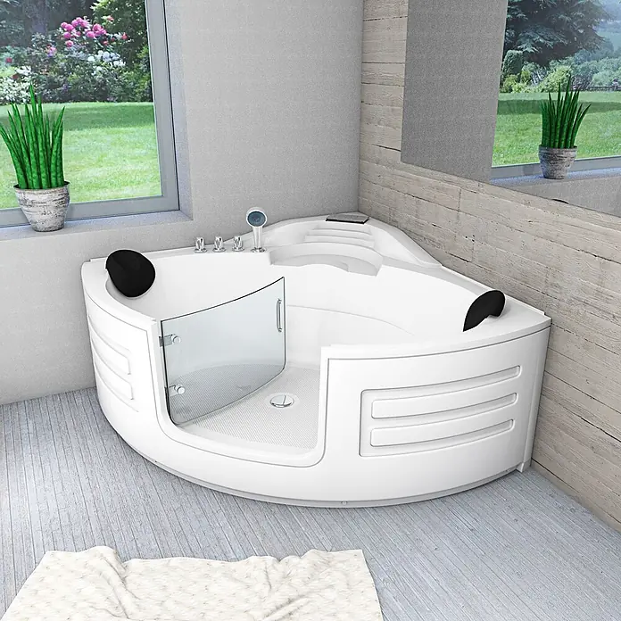AcquaVapore Badewanne Fertigdusche S70-TH - 150 x 150 cm, Acryl, Weiß - Weiße Eck-Badewanne mit integrierter Dusche, Glastür und schwarzen Kopfstützen in einem hellen Badezimmer.