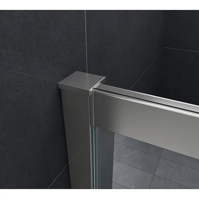 Glasdeals Eckdusche SLIDE 90 x 90 x 195 cm - 90 x 90 x 195 cm, Beschichtet, Chrom, Stärke: 8 mm - Duschkabinenprofil aus gebürstetem Metall an einer dunklen Fliesenwand.
