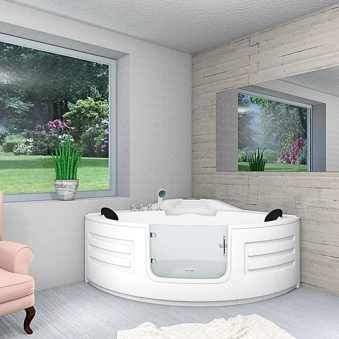 AcquaVapore Badewanne Fertigdusche S70-TH - 150 x 150 cm, Acryl, Weiß - Weiße begehbare Badewanne mit barrierefreier Glastür, in einem Badezimmer positioniert.