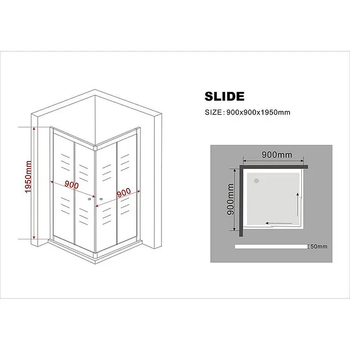 Glasdeals Eckdusche SLIDE 90 x 90 x 195 cm - 90 x 90 x 195 cm, Beschichtet, Chrom, Stärke: 8 mm - Eckduschkabine mit Glasschiebetüren, 900x900x1950mm. Draufsicht zeigt Schieberichtung.