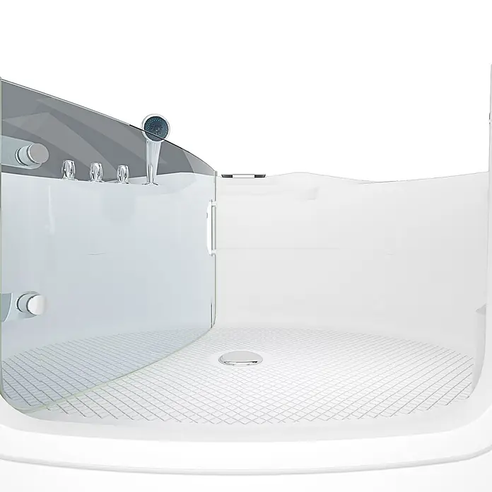 AcquaVapore Badewanne Fertigdusche S70-TH - 150 x 150 cm, Acryl, Weiß - Moderne Duschkabine mit Klarglastüren, weißer rutschfester Basis und verchromter Handbrause und Bedienelementen.