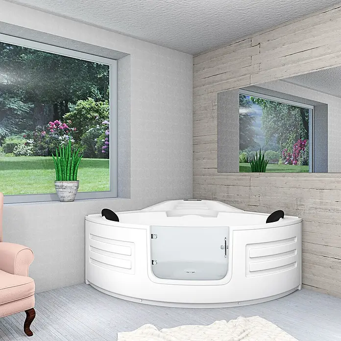 AcquaVapore Badewanne Fertigdusche S70 - 150 x 150 cm, Acryl, Weiß - Weiße begehbare Badewanne mit Glastür in einem Badezimmer.