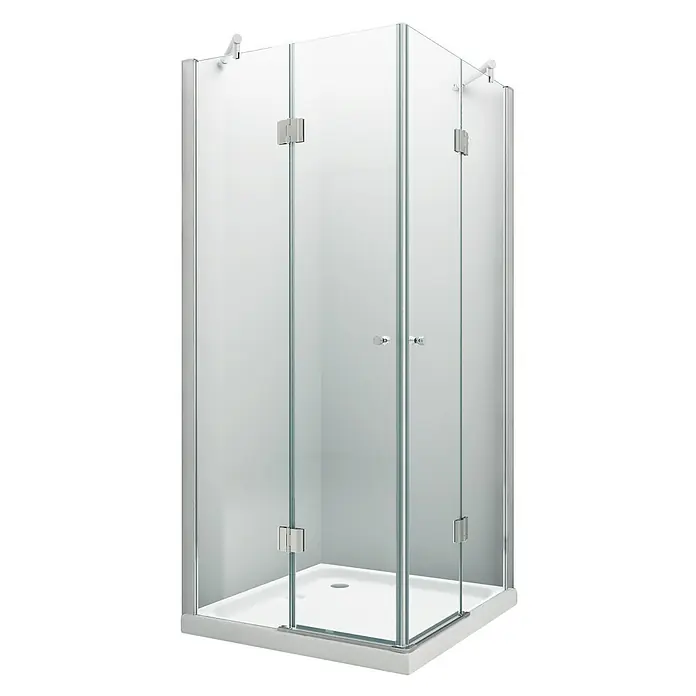 Glasdeals Eckdusche CORNO 90 x 90 x 195 cm - 90 x 90 x 195 cm, Beschichtet, Chrom, Stärke: 8 mm - Eckduschkabine mit Klarglaspaneelen, Chromscharnieren, -griffen und einer weißen Duschwanne.