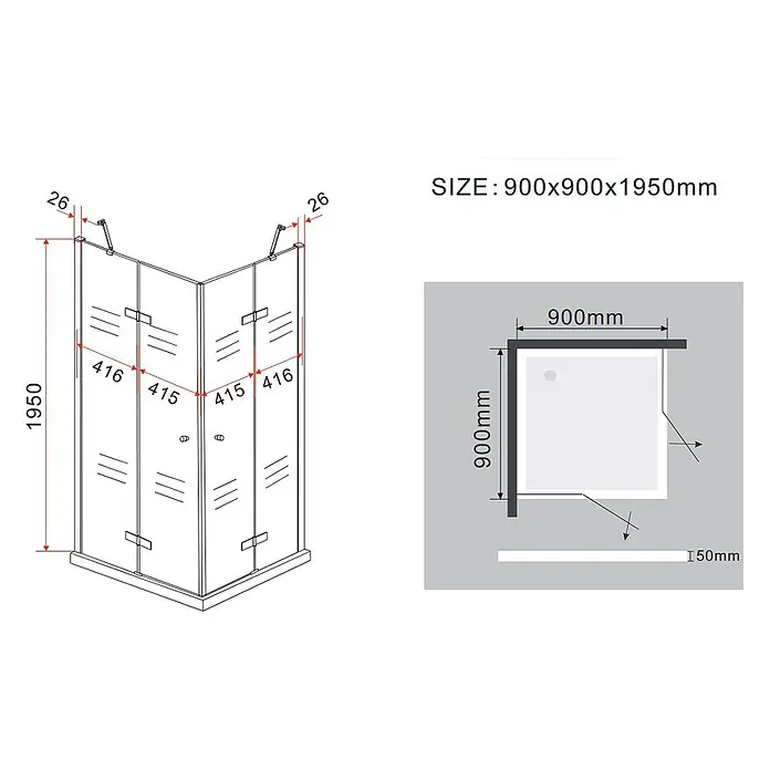 Glasdeals Eckdusche CORNO 90 x 90 x 195 cm - 90 x 90 x 195 cm, Beschichtet, Chrom, Stärke: 8 mm - Klarglas-Eckdusche mit silbernen Profilen und Flügeltüren, 900x900x1950mm.
