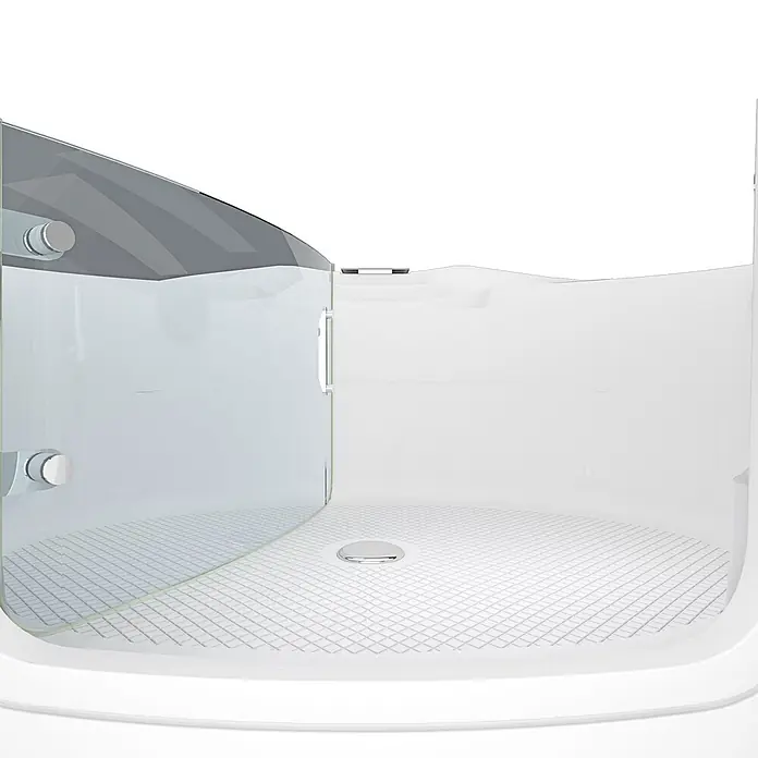 AcquaVapore Badewanne Fertigdusche S70 - 150 x 150 cm, Acryl, Weiß - Transparente Glas-Viertelkreis-Duschkabine mit weißer rutschfester Wanne und Chromablauf.