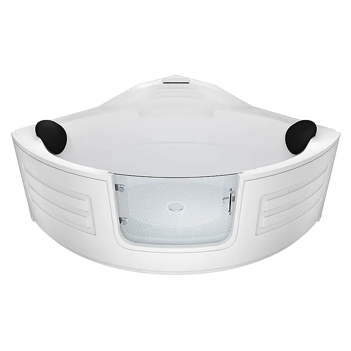 AcquaVapore Badewanne Fertigdusche S70 - 150 x 150 cm, Acryl, Weiß - Weiße Eckbadewanne mit integrierter Duschzone, Klarglastür und schwarzen Kopfstützen.