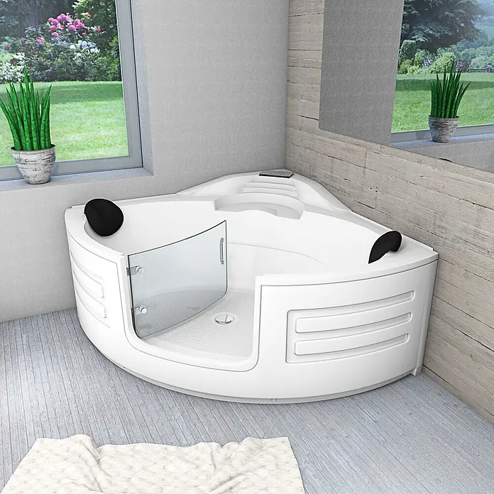 AcquaVapore Badewanne Fertigdusche S70 - 150 x 150 cm, Acryl, Weiß - Weißer Eck-Einstiegsbadewanne mit Glasduschtür, schwarzen Kopfstützen und integrierter Sitzgelegenheit im modernen Bad.