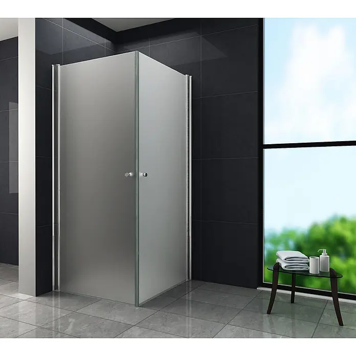 Glasdeals Eckdusche SPA-FROST 90 x 90 x 190 cm - 90 x 90 x 190 cm, Beschichtet, Chrom, Stärke: 8 mm - Eckduschkabine mit mattierten Glasscheiben und eleganten Metallrahmen in einem modernen Bad mit großem Fenster.