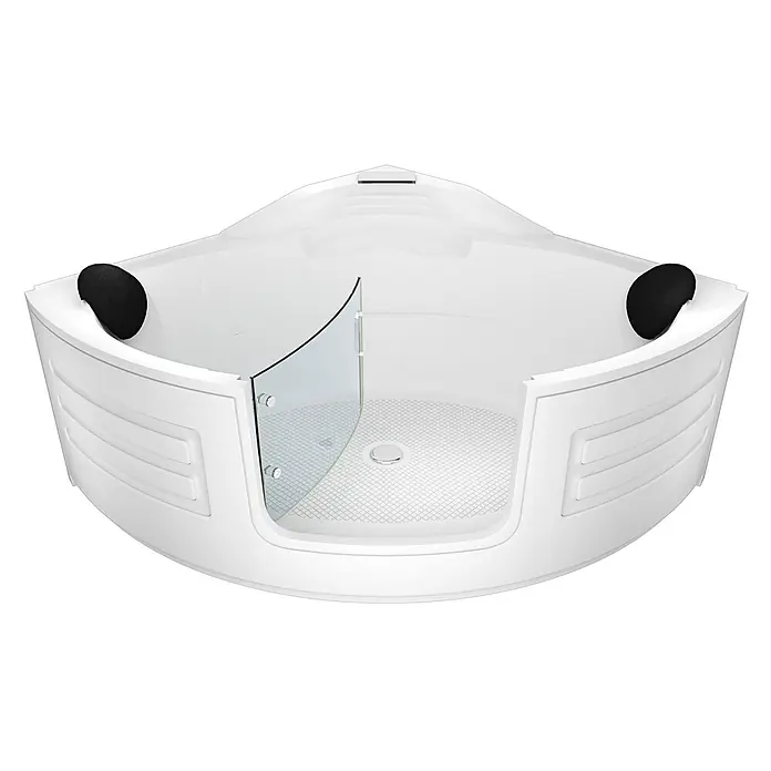 AcquaVapore Badewanne Fertigdusche S70 - 150 x 150 cm, Acryl, Weiß - Weiße Eck-Duschbadewanne mit integriertem Sitz, Duschabtrennung aus Glas, rutschfestem Boden und schwarzen Kopfstützen.