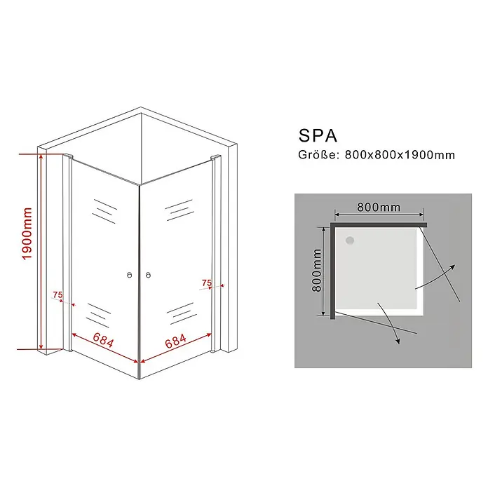 Glasdeals Eckdusche SPA 80 x 80 x 190 cm - 80 x 80 x 190 cm, Beschichtet, Chrom, Stärke: 8 mm - Eckduschkabine mit Glastüren, 800x800x1900mm.