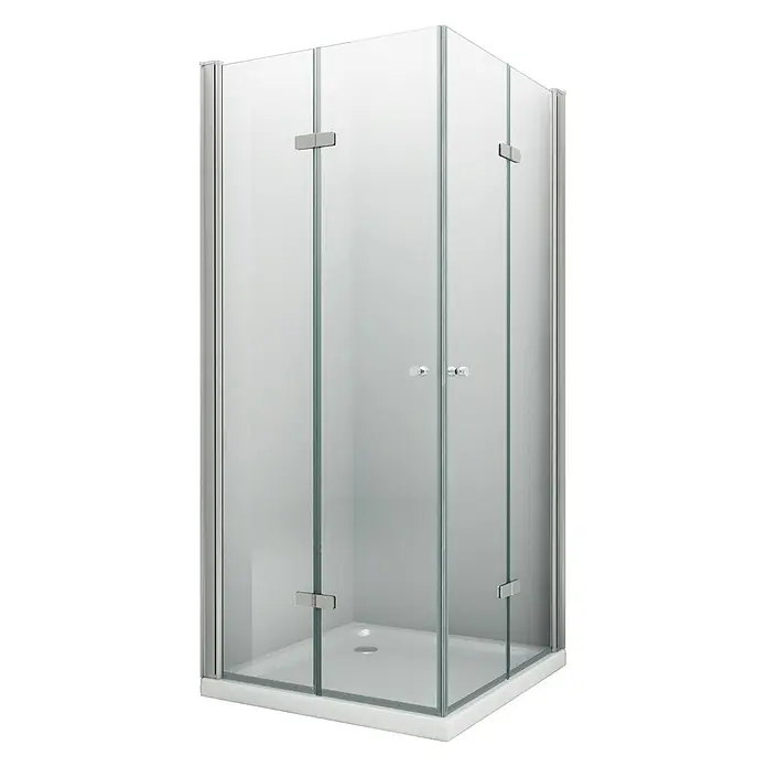 Glasdeals Eckdusche CLAP 100 x 90 x 195 cm - 90 x 100 x 195 cm, Beschichtet, Chrom, Stärke: 8 mm - Eckduschkabine mit Klarglaswänden, silbernen Profilen und Doppelschwingtüren auf weißer Duschwanne.