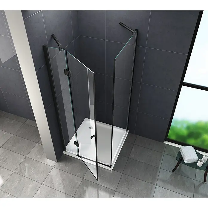 Glasdeals Eckdusche NOVUM (schwarz) 100 x 100 x 195 cm - 100 x 100 x 195 cm, Beschichtet, Chrom, Stärke: 8 mm - Schwarz gerahmte Duschkabine mit klaren Glaspaneelen und weißer Duschwanne in einem modernen Badezimmer.