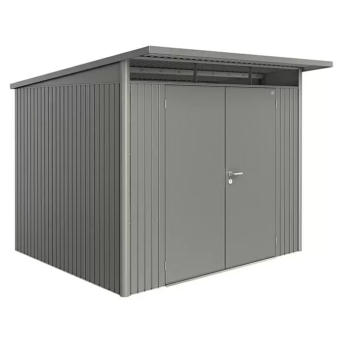 Biohort AvantGarde Gerätehaus AvantGarde A6 - Außenmaß inkl. Dachüberstand (B x T): 260 x 260 cm, Stahl, Quarzgrau Metallic, Doppeltür - Diagonale Ansicht