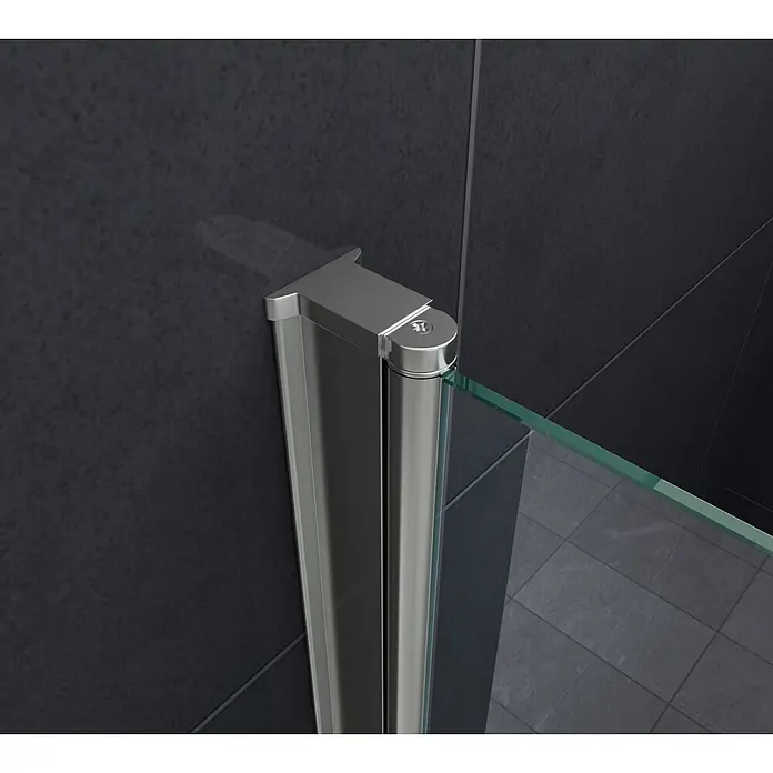 Glasdeals Eckdusche CLAP 100 x 90 x 195 cm - 90 x 100 x 195 cm, Beschichtet, Chrom, Stärke: 8 mm - Scharnier für Duschabtrennung aus gebürstetem Metall mit Klarglas in einer dunkel gefliesten Dusche.