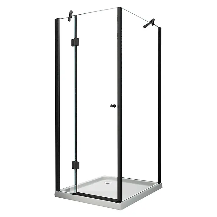 Glasdeals Eckdusche NOVUM (schwarz) 100 x 100 x 195 cm - 100 x 100 x 195 cm, Beschichtet, Chrom, Stärke: 8 mm - Schwarze Eckduschkabine mit Klarglaswänden und weißer Duschwanne.