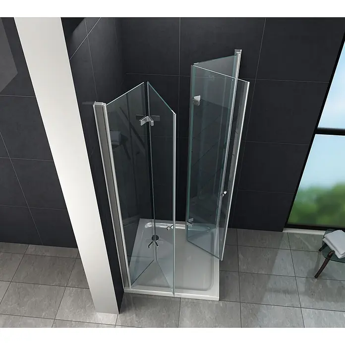 Glasdeals Eckdusche CLAP 100 x 90 x 195 cm - 90 x 100 x 195 cm, Beschichtet, Chrom, Stärke: 8 mm - Glasduschkabine mit Falttüren, Chromprofilen und weißer Duschwanne.