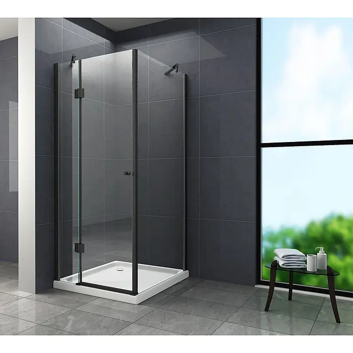 Glasdeals Eckdusche NOVUM (schwarz) 100 x 100 x 195 cm - 100 x 100 x 195 cm, Beschichtet, Chrom, Stärke: 8 mm - Moderne schwarze Glas-Eckduschkabine mit weißer Duschwanne in gefliestem Badezimmer.
