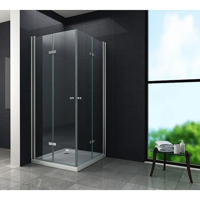 Glasdeals Eckdusche CLAP 100 x 90 x 195 cm - 90 x 100 x 195 cm, Beschichtet, Chrom, Stärke: 8 mm - Eckduschkabine aus Klarglas mit silbernen Profilen und weißer Duschwanne.