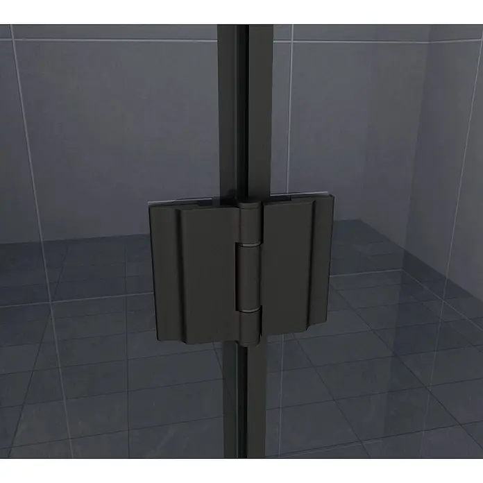 Glasdeals Eckdusche NOVUM (schwarz) 100 x 100 x 195 cm - 100 x 100 x 195 cm, Beschichtet, Chrom, Stärke: 8 mm - Dunkelgraues Metall-Duschscharnier, das zwei Glaspaneele in einer gefliesten Dusche verbindet.