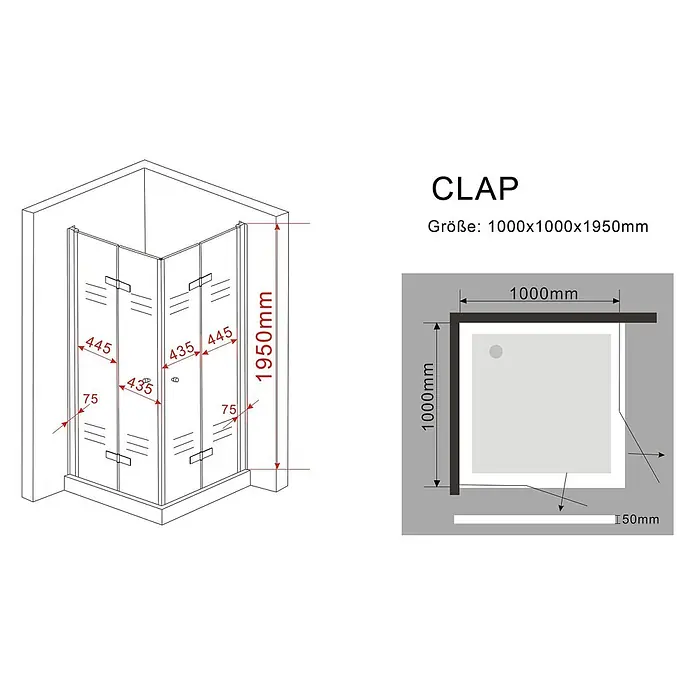 Glasdeals Eckdusche CLAP 100 x 100 x 195 cm - 100 x 100 x 195 cm, Beschichtet, Chrom, Stärke: 8 mm - Eck-Duschkabine mit Klarglastüren und silbernen Profilen, Maße 1000x1000x1950mm.