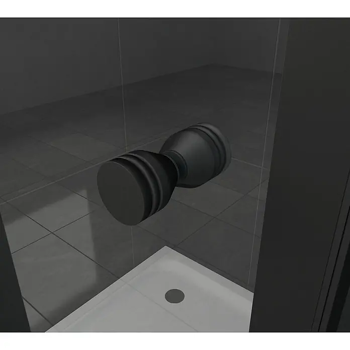 Glasdeals Eckdusche NOVUM (schwarz) 100 x 100 x 195 cm - 100 x 100 x 195 cm, Beschichtet, Chrom, Stärke: 8 mm - Matt schwarzer, sanduhrförmiger Duschkabinen-Türgriff an einer Klarglas-Duschtür.