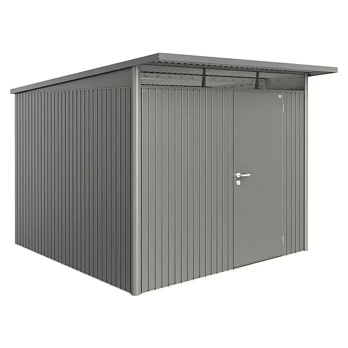 Biohort AvantGarde Gerätehaus A7 - Außenmaß inkl. Dachüberstand (B x T): 260 x 300 cm, Stahl, Quarzgrau Metallic, Einzeltür - Diagonale Ansicht