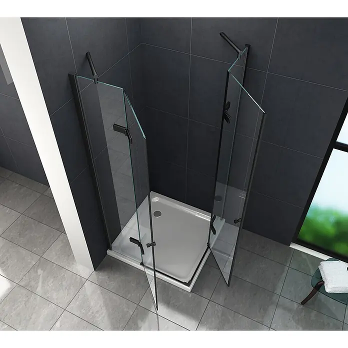 Glasdeals Eckdusche CORNO (schwarz) 80 x 80 x 195 cm - 80 x 80 x 195 cm, Beschichtet, Chrom, Stärke: 8 mm - Eckduschkabine mit schwarzen Profilen und Klarglas auf einer weißen Duschwanne im modernen Bad.