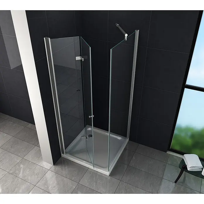 Glasdeals Eckdusche ONTO 80 x 80 x 195 cm - 80 x 80 x 195 cm, Beschichtet, Chrom, Stärke: 8 mm - Moderne Eckduschkabine mit klaren Glaspaneelen, silbernen Profilen und einer weißen Duschwanne in einem gefliesten Badezimmer.