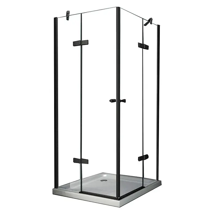 Glasdeals Eckdusche CORNO (schwarz) 80 x 80 x 195 cm - 80 x 80 x 195 cm, Beschichtet, Chrom, Stärke: 8 mm - Eckduschkabine mit Klarglaspaneelen, schwarzen Rahmen und weißer Duschwanne.