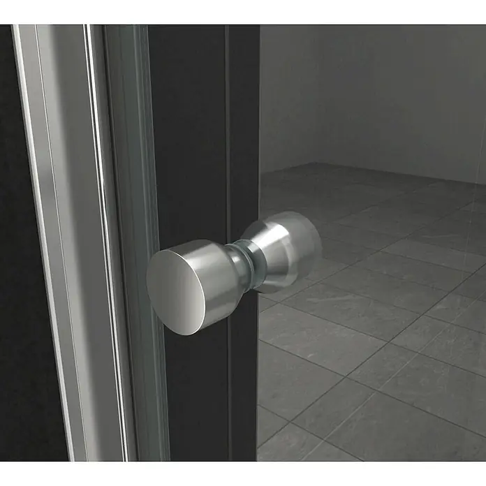 Glasdeals Eckdusche ONTO 80 x 80 x 195 cm - 80 x 80 x 195 cm, Beschichtet, Chrom, Stärke: 8 mm - Runder, metallischer Duschkabinentürgriff an einer klaren Glastür.
