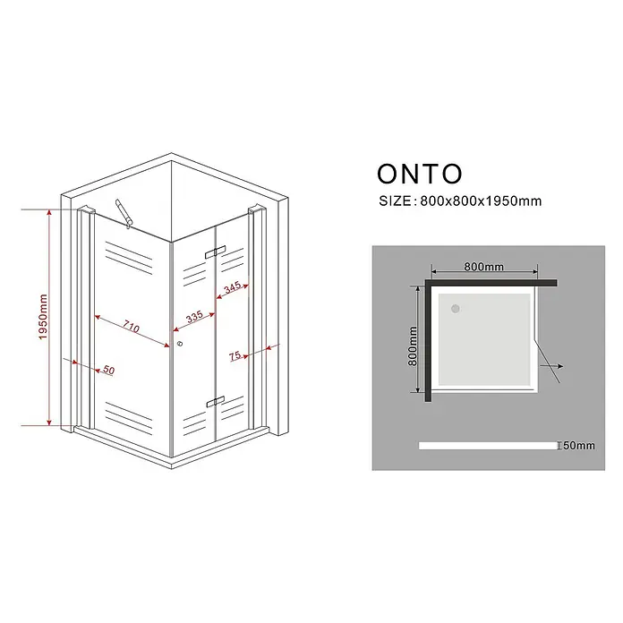 Glasdeals Eckdusche ONTO 80 x 80 x 195 cm - 80 x 80 x 195 cm, Beschichtet, Chrom, Stärke: 8 mm - Technische Zeichnung einer quadratischen Duschkabine aus Glas (800x800x1950mm) mit Maßen.