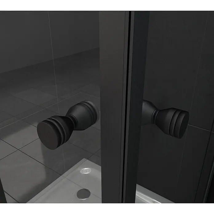 Glasdeals Eckdusche CORNO (schwarz) 80 x 80 x 195 cm - 80 x 80 x 195 cm, Beschichtet, Chrom, Stärke: 8 mm - Mattschwarzer Metall-Duschkabinentürgriff an einer klaren Glasduschkabine, von beiden Seiten gezeigt.
