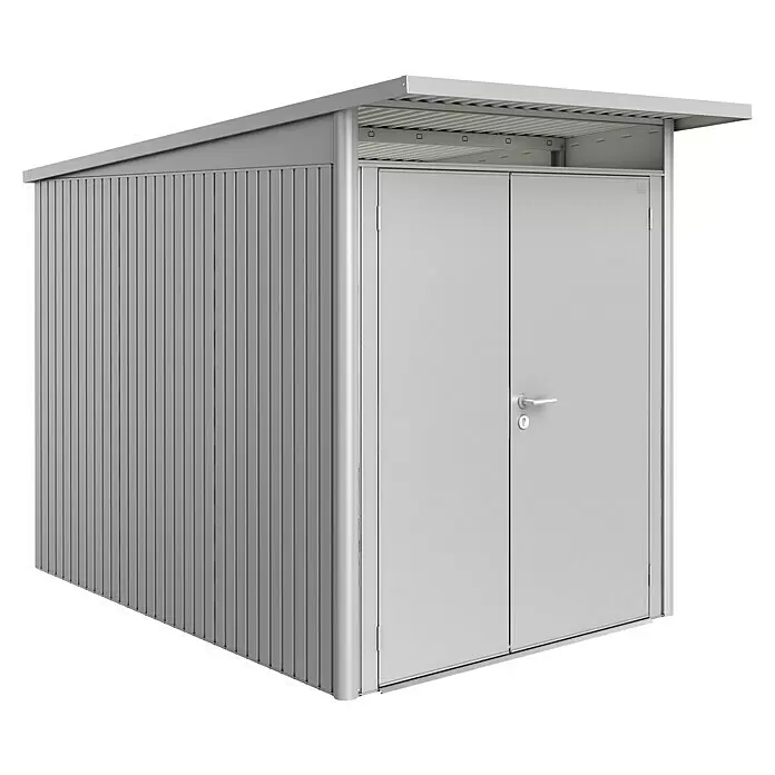 Biohort AvantGarde Gerätehaus AvantGarde A3 - Außenmaß inkl. Dachüberstand (B x T): 180 x 300 cm, Stahl, Silber Metallic, Doppeltür - Diagonale Ansicht