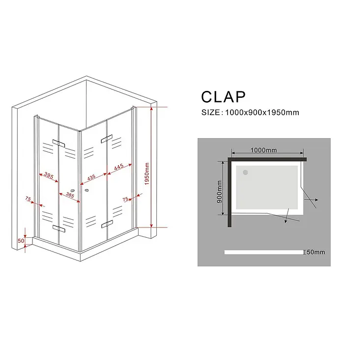 Glasdeals Eckdusche CLAP 100 x 90 x 195 cm - 90 x 100 x 195 cm, Beschichtet, Chrom, Stärke: 8 mm - Eckduschkabine mit faltbaren Glastüren, Maße 1000x900x1950mm.