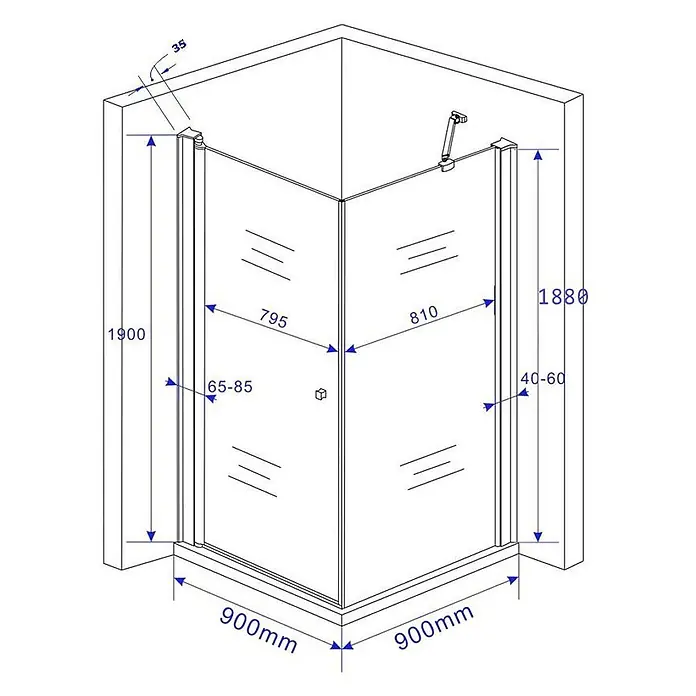 Glasdeals Eckdusche DETO-FIX 90 x 90 x 190 cm - 90 x 90 x 190 cm, Beschichtet, Chrom, Stärke: 8 mm - Eckduschkabine mit zwei Pendeltüren, 900x900mm Basis, zeigt detaillierte Abmessungen.
