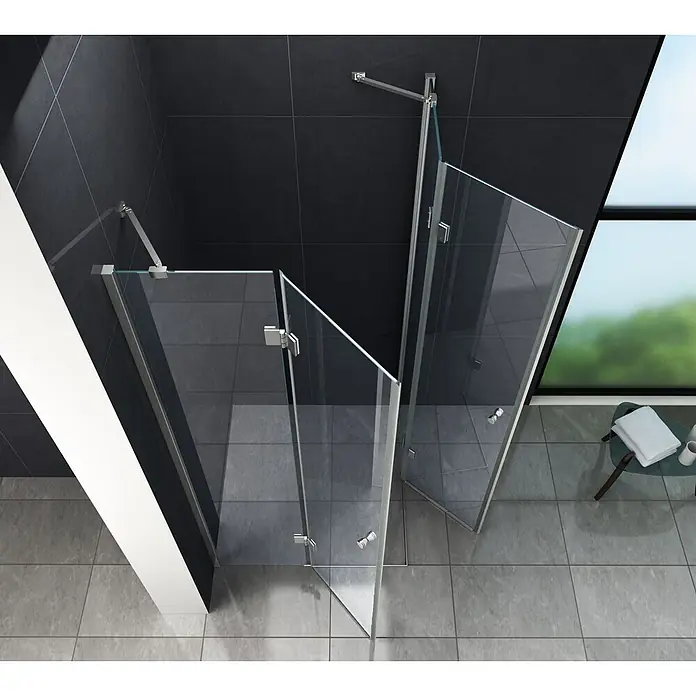 Glasdeals Eckdusche CORNO 90 x 90 x 195 cm - 90 x 90 x 195 cm, Beschichtet, Chrom, Stärke: 8 mm - Glasduschkabine mit Chrombeschlägen in einem modernen Badezimmer.