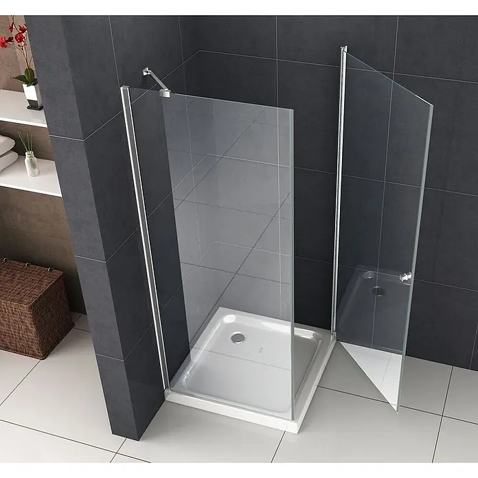 Glasdeals Eckdusche DETO-FIX 80 x 80 x 190 cm - 80 x 80 x 190 cm, Beschichtet, Chrom, Stärke: 8 mm - Moderne Glasduschkabine mit weißer Duschwanne und Drehtür in einem gefliesten Bad.