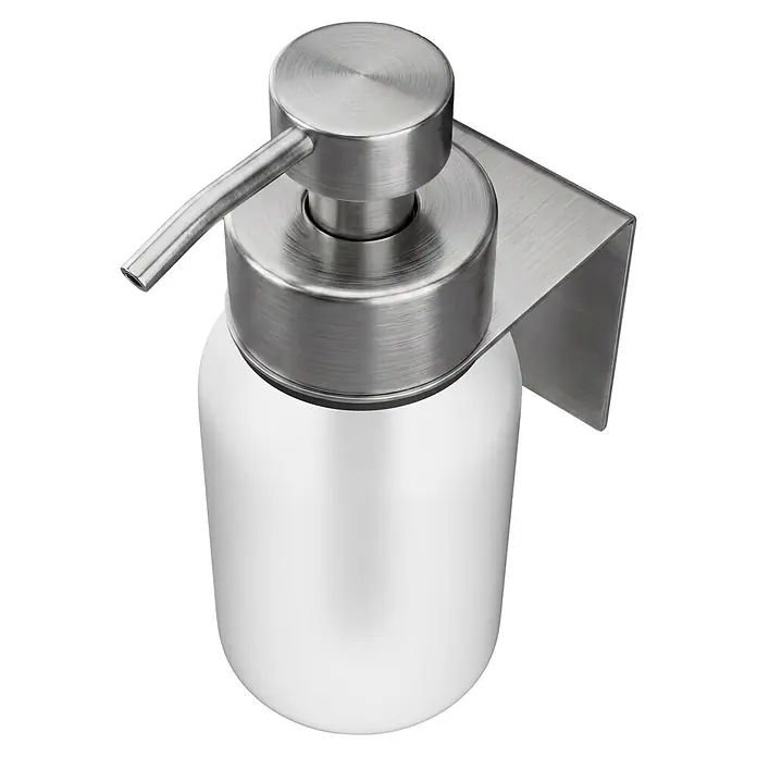 Camargue Antwerpen Seifenspender - Edelstahl, Edelstahl, Für die Wand - Wandmontierter Seifenspender mit weißer Flasche und gebürstetem Edelstahl-Pumpkopf und -Halter.