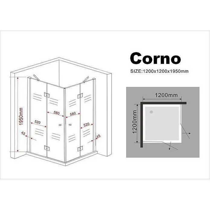 Glasdeals Eckdusche CORNO 120 x 120 x 195 cm - 120 x 120 x 195 cm, Beschichtet, Chrom, Stärke: 8 mm - Eckduschkabine mit Klarglaspaneelen und Flügeltüren, 1200x1200x1950mm.