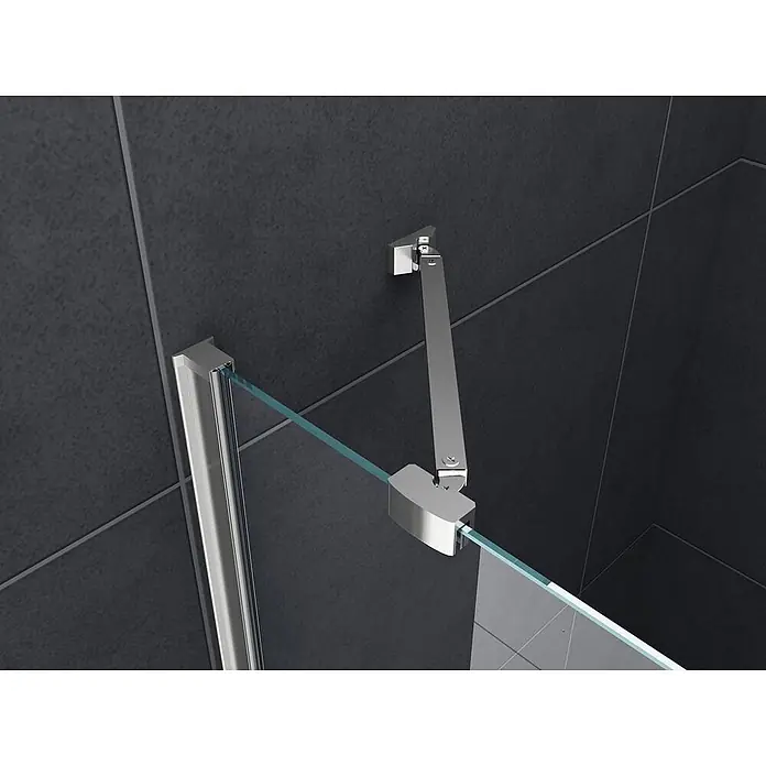 Glasdeals Eckdusche DETO-FIX 80 x 80 x 190 cm - 80 x 80 x 190 cm, Beschichtet, Chrom, Stärke: 8 mm - Eine klare Glasduschwand mit Chrom-Stützstange und Beschlägen, installiert in einem modernen Badezimmer mit dunkelgrauen Fliesen.