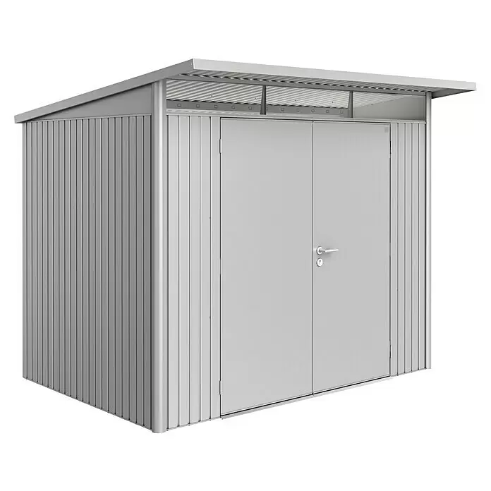 Biohort AvantGarde Gerätehaus A5 - Außenmaß inkl. Dachüberstand (B x T): 260 x 220 cm, Stahl, Silber Metallic, Doppeltür - Diagonale Ansicht