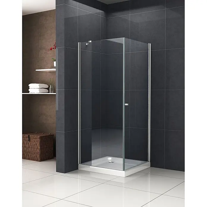 Glasdeals Eckdusche DETO-FIX 80 x 80 x 190 cm - 80 x 80 x 190 cm, Beschichtet, Chrom, Stärke: 8 mm - Quadratische Glasduschkabine mit Chromprofilen und weißer Duschwanne in einem modernen Badezimmer.