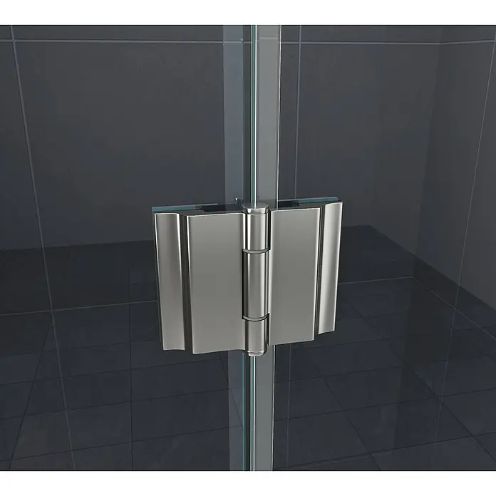 Glasdeals Eckdusche CORNO 100 x 100 x 195 cm - 100 x 100 x 195 cm, Beschichtet, Chrom, Stärke: 8 mm - Scharnier aus gebürstetem silbernem Metall für Duschkabinen, das transparente Glasplatten verbindet.