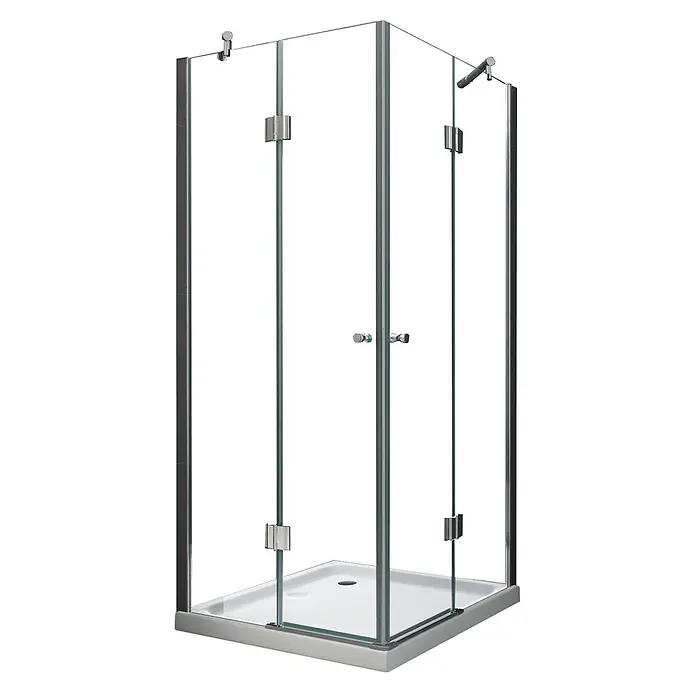 Glasdeals Eckdusche CORNO 100 x 100 x 195 cm - 100 x 100 x 195 cm, Beschichtet, Chrom, Stärke: 8 mm - Moderne Eckdusche mit klaren Glaspaneelen, dunklen Metallprofilen, Chromscharnieren/-griffen und weißer Duschwanne.