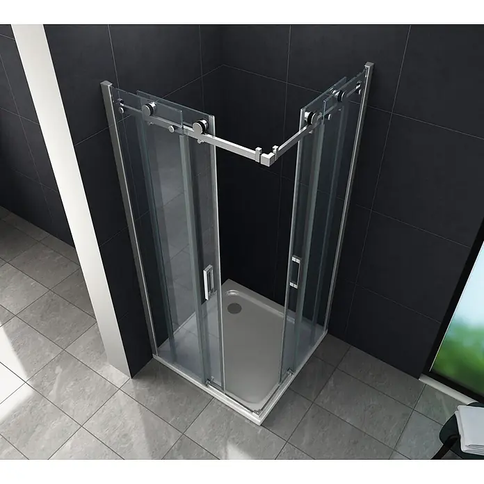 Glasdeals Eckdusche TELA 80 x 90 x 195 cm - 90 x 80 x 195 cm, Beschichtet, Chrom, Stärke: 8 mm - Eckduschkabine mit klaren Glasschiebetüren und Chromrahmen, auf grauer Duschwanne installiert.