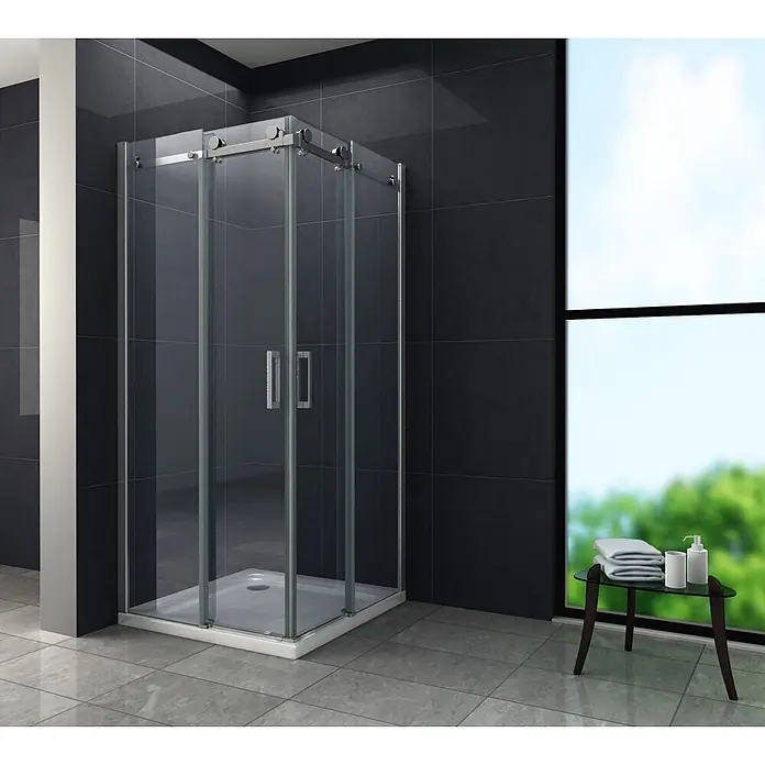 Glasdeals Eckdusche TELA 80 x 90 x 195 cm - 90 x 80 x 195 cm, Beschichtet, Chrom, Stärke: 8 mm - Moderne quadratische Glasduschkabine mit Schiebetüren und Chrombeschlägen in einem stilvollen Badezimmer.