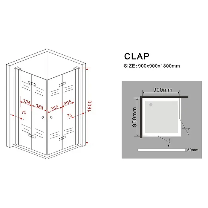 Glasdeals Eckdusche CLAP 90 x 90 x 180 cm - 90 x 90 x 180 cm, Beschichtet, Chrom, Stärke: 8 mm - Eckduschkabine (900x900x1800mm) mit transparentem Glas und detaillierten Maßen.