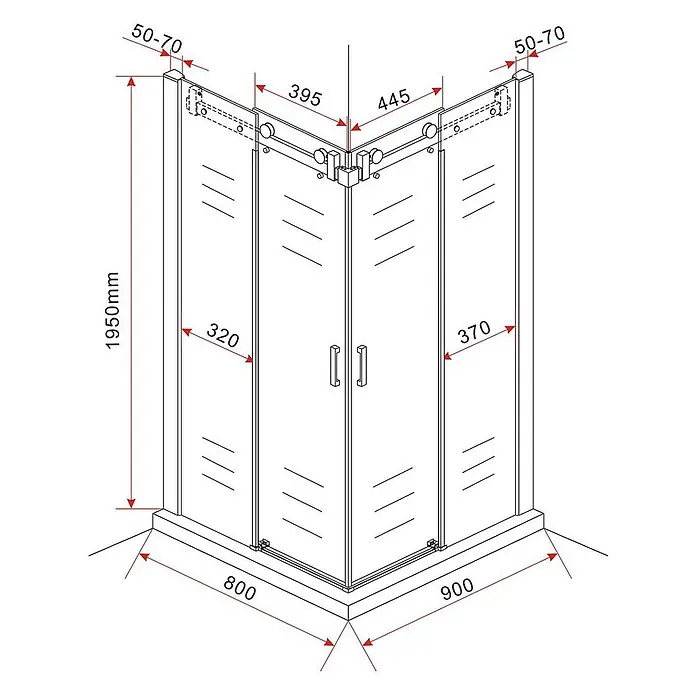 Glasdeals Eckdusche TELA 80 x 90 x 195 cm - 90 x 80 x 195 cm, Beschichtet, Chrom, Stärke: 8 mm - Eckduschkabine aus Glas mit Schiebetüren und Metallrahmen, Maße angegeben.